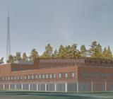 Illustration över nya larm- och ledningscentralen vid Örebros norra infart via E18. Illustration: Intea Fastigheter