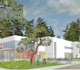 Illustration över Timrås nya badhus, som ska stå färdigt hösten 2021. Illustration: We Group AB