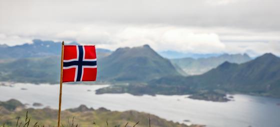 Norska flaggan med fjord i bakgrunden. Foto: Colourbox Norska flaggan med fjord i bakgrunden. Foto: Colourbox
