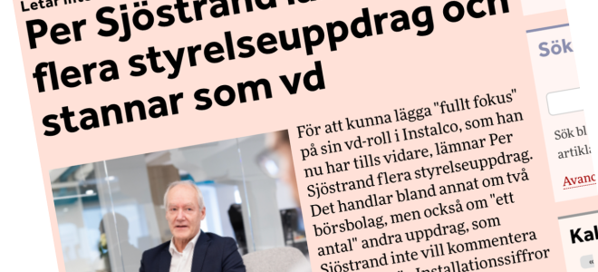 Installationssiffrors artikel om att Per Sjöstrand stannar som vd för Instalco. Foto: Installationssiffror